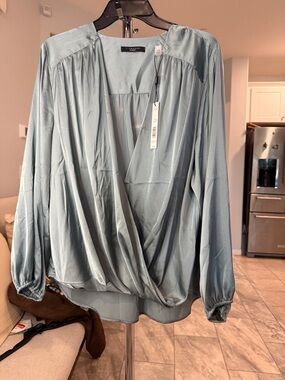 Tahari ASL Pale Blue Surplice Long-Sleeve Blouse